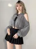 Felpe con cappuccio da donna Felpe Deeptown Y2K Vintage Grigio Cropped Donna Harajuku Sexy con spalle scoperte Coreano Allentato Casual Chic Top Gotico Kpop 231215