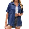 Blouses Femmes 2024 Harajuku Denim Chemises Blouse Femmes Été À Manches Courtes Jeans Chemise Vintage Cowboy Bouton Poche Casual Chemise Femme