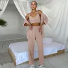 Women's Sleepwear Autumn Cotton Cardigan Lace-up Dressing Gown Suspender Trousers Loungewear Skin-friendly Soft Pajamas Three-piece Set