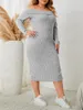 Robes de grande taille automne Style épaules dénudées femme moulante robe Midi manches longues fendue gauche solide gris Sexy élastique chaud