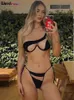 Robe de deux pièces Bizarre Puss Beach Style Femmes Bikini 2 Ensemble Sexy Mesh Patchwork Une épaule Soutien-gorge TopBandage Slip Vacances Tendance Clubwear 231215