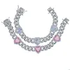 Chain Gelang Pesona CZ Hati Merah Muda Putih Rantai Kuba Miami Zirconia Kubik Bling Baru Perhiasan Mewah Untuk Wanita