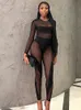 Women's Jumpsuits Rompers Sexy Mesh Patchwork See Through Slim Jumpsuits Women Long Sleeve Skinny Rompers Spring Fall Fairy Grunge Clothes 231215