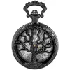 Montres de poche Vintage tout noir, motif arbre de vie, croquis, peinture à l'encre, cadran, montre à Quartz, collier Antique, chaîne, horloge Fob