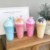 Mugs 450ML Ice Cream Water Cup With Straw Double Cold Drink Milk Tea Bottle Mug Plastic For Girl Birthday Gif 231216