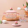 Soup Stock Pots Creative Pink Flower Instant Noodles Glass Pot Can Be Heated Double Ears Salad Bowl Covered With A Large Capacity 231215