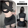 Work Dresses Lingerie Female Lace Transparent V Neck Leather Cosplay Sexy Two Piece Skirt Secretary Set Black Bandage Off Shoulder Top T9