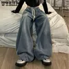 جينز المرأة الربيع خمر الأمتعة مرنة الخصر الزائد الكبير أمريكي للرجال الساق الواسعة شارع ارتداء السراويل الأساسية المستقيمة Y2K 231215