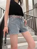 女子ショーツデザイナーLuxuryNew Contrasting Belt High Waisted Denim Shorts Women's Black and Red Pocket