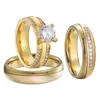 Anéis de casamento 3 peças conjunto de anéis de casamento para mulheres homens aliança de amor Cz diamante noivado joias de casamento Fedi Nuziali banhado a ouro 18k 231215