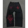 Haruku Hip Hop cráneo bordado rosa rasgado pantalones vaqueros holgados para mujer nueva moda Casual gótico pantalones anchos ropa de calle