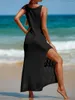 Maillots de bain pour femmes Beach Bikini Cover-Up Robe longue Beachwear Couleur unie Fermeture sans manches Lâche Col en V Tricoté Cover-Ups