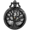 Orologi da tasca Albero della vita Modello Schizzo Pittura a inchiostro Quadrante Orologio Tutto nero Collana vintage Catena Orologio da taschino al quarzo Reloj