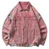 Jaquetas masculinas Hip Hop Vintage Patchwork Lapela Jaqueta Masculina e Feminina Denim Casaco Marca Solta BF Estilo Vintage Lavado Jaqueta Rosa Escura Na Moda 231215