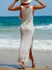 Dames Zwemkleding Strandbikini Cover-Up Lange Jurk Strandkleding Effen Kleur Mouwloos Sluiting Losse V-hals Gebreide Cover-Ups