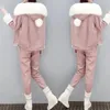 Kvinnors tvåbitar byxor vinter lambwool fluff faux päls krage huva corduroy outfit fleece fodrade förtjockna kappuppsättningar plysch rak byxa ensemble 231215