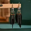 Brincos pendurados femininos moda pena borla boêmio vintage madeira corrente de metal gancho de orelha joias