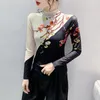 Women's T Shirts Spring Autumn 2024 Positioning Color Block Printed Tops High Collar Long Sleeve Mesh Shirt Fashion Women