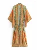 Women's Swimwear Print Floral Cotton Beach Kimono Belt Vintage Bohemian Slim Cover Up Long Sexy Flare Sleeve Covers