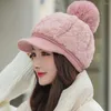 Berets Warm Winter Hat Embroidered Letter Hair Ball Baseball With Thick Plush Imitation Fur Earflap For Women