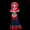 ステージウェア2023中国の伝統的な少数民族スタイルのコスチュームセット女性Zhuang Zuスカートダンスパフォーマンス