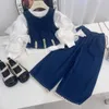 Set di abbigliamento Vestiti per ragazze Moda Ragazza per bambini Denim Jeans Gilet e pantaloni a gamba larga Completo per bambini Bambino 2 12 anni 231216