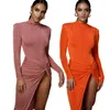 Casual jurken Mager Hoge split Geplooid Nachtclubkleding Dames Effen Kleur Knielange jurk Dames Sexy O-hals Volledige mouw Twee stukken