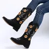 Boot Flower Embroidery Shoes Slip on Riding Lady Square Heel Mid Calf Boot Female Winter Thin Plush Shoe Zapatos De Mujer 231216