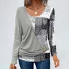 Kvinnors T -skjortor Solid Color Patchwork Retro Printed Round Neck Long Sleeve Top