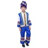 Palco desgaste crianças antigo chinês hmong miao traje tradicional festival desempenho waer meninos impressão folk hanfu vestido conjunto de roupas