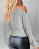 Kvinnors T -skjortor Sexiga blusar Casual Cold Shoulder Chain Decor Ribbed Top Winter Woman 2023 Fashion bekväm tee