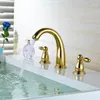 Badezimmer-Waschtischarmaturen, Vidric, 3-teiliges Set, Wasserhahn-Mischer, Deckmontage, Waschbecken, Keramik, Kupfer, goldenes Finish