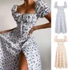 2023 French Simple European and American Sexy Women Square Collar Bubble Sleeves Y2K Small Fresh Floral Dress Fishbone Big Skirt