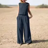 Dames tweedelige broek zomer damesmode elegante mouwloze jumpsuits dames effen kleur bodysuit vakantie casual wijde pijpen los lang