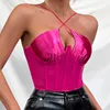 Kvinnors tankar kontor lady camisole halter cross bandage skörd topp sommar satin siden lapptank tank sexig rosa estetiska nät kvinnor streetwear