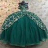 Sparkly Princess Green Off Shoulder Quinceanera Dresses Sweetheart Gold Lace Applique Sweet 16 Ball Gown Vestidos De 15 Anos