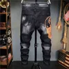 Pantalon en Denim Slim pour hommes, Style européen, plein, marque, noir, droit, crâne, trou de motard, noir, X220214, 2023