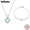 Necklaces Wostu Sterling Sier Love Heart Fire Opal Charm Bracelet Necklace for Women Sterling Sier Jewelry Set Wedding Gift