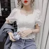 Women's Blouses Top For Woman Frill Button Up Shirts And Chiffon With Luxery Puffy Sleeves Ruffle White Offer M