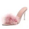 Sandaler 2023 Fashion Glitter Heels Summer Shoes Women Stiletto Pumpar Party Open Toe Fluff Strappy Thin High Pur Pink