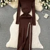 Urban Sexy Dresses Streetwear Knit Split Dress O Neck Longeples Slim Fit France Elegent Ladies Autumn Evening Party BodyCon 231215