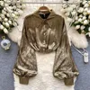 Женские блузки Camisas De Mujer Bling с пышными рукавами и отложным воротником Дизайнерская блузка с пуговицами Осенняя женская блузка в корейском стиле