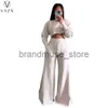 Calças femininas de duas peças VAZN 2022 INS High-end Hoodies Set Sexy Young Daily Sólido Cintura Alta Manga Completa + Calças Longas Pernas Largas Senhora Conjuntos de 2 Peças J231216