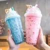 Mugs 450ML Ice Cream Water Cup With Straw Double Cold Drink Milk Tea Bottle Mug Plastic For Girl Birthday Gif 231216