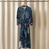 Casual klänningar Etnisk stil Kvinnor Silk Print Dress Turn-Down Collar Single Breasted Female Long Sleeve Midi Robe With Belt