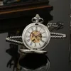 Relógios de bolso Mão Vento Mecânico Homens Relógio Esqueleto Dial Steampunk Colar Pingente Vestido Vintage Fob para Capina Presente 231216