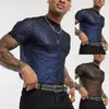 T-Shirts für Herren, durchsichtig, mit Pailletten, glänzendes Mesh, sexy Unterhemd, kurzärmelig, lässig, durchsichtig, Club-Top, transparente Bluse