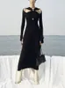 Vestidos casuais básicos DEAT moda feminina vestido de malha cruz oca linha brilhante cintura média estiramento elegante vestidos outono 13DB376 231215