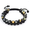 Strand Natural Round Red Blue Tiger Eye Stone Bead Double Row Handmade Weave Black Rope Nylon Bracelet Unique For Woman Man