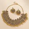 Chokers Vintage Gold Color Hollow Geometric Necklace Earrings Set Ethnic Beads Tassel Wedding Bijoux Indian Jewelry Sets for Women 231216